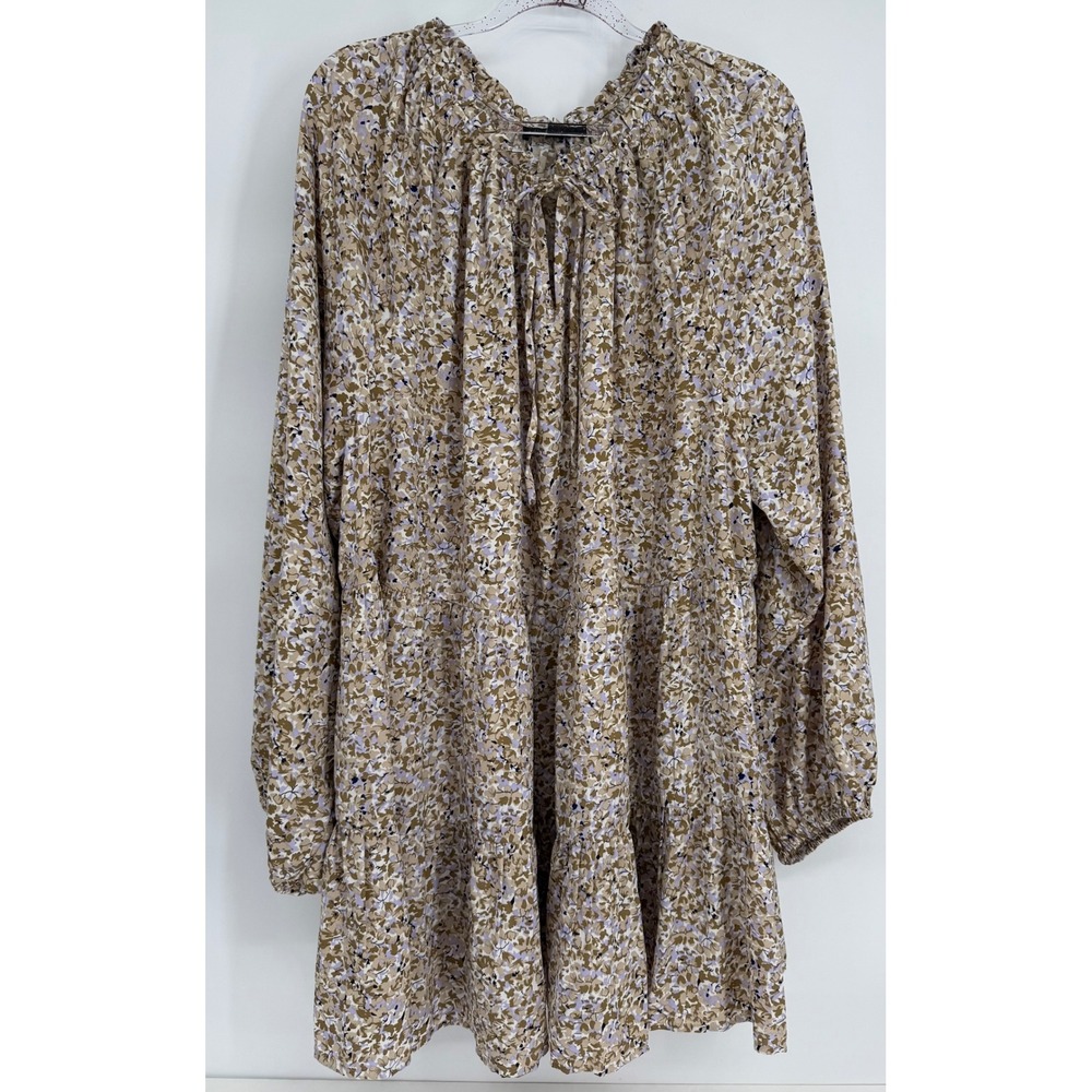 Ellos Womens Floral Tiered Babydoll Dress‎ Tan Lavender Long Sleeve Sz 3X